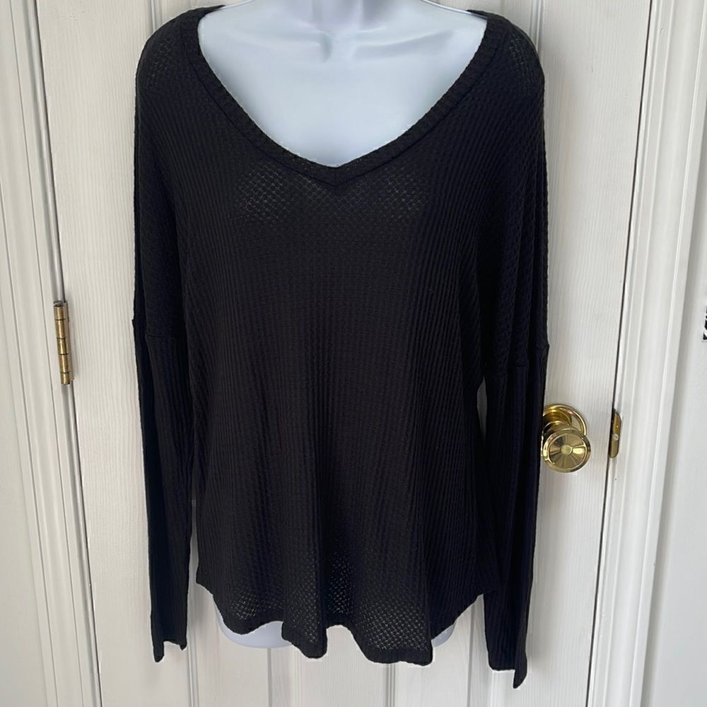 Black v-neck waffle knit sweater